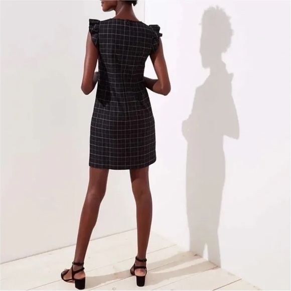 LOFT Black Check Plaid Ruffle Sheath Dress, Size 6P - Picture 2 of 9